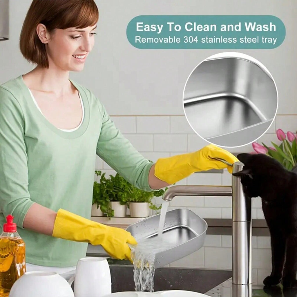Woman washing dishes with a removable 304 stainless steel tray in a kitchen.