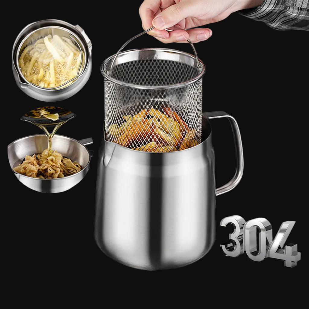 Stainless steel oil filter with fried food and oil on a black background