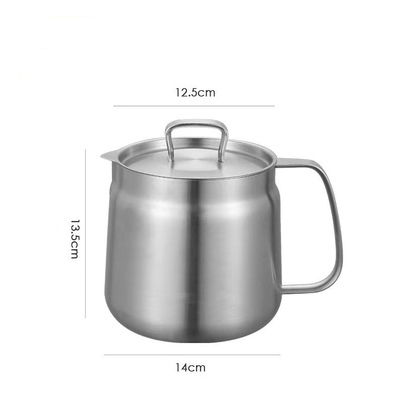 Stainless steel oil pot strainer with lid and dimensions on a white background