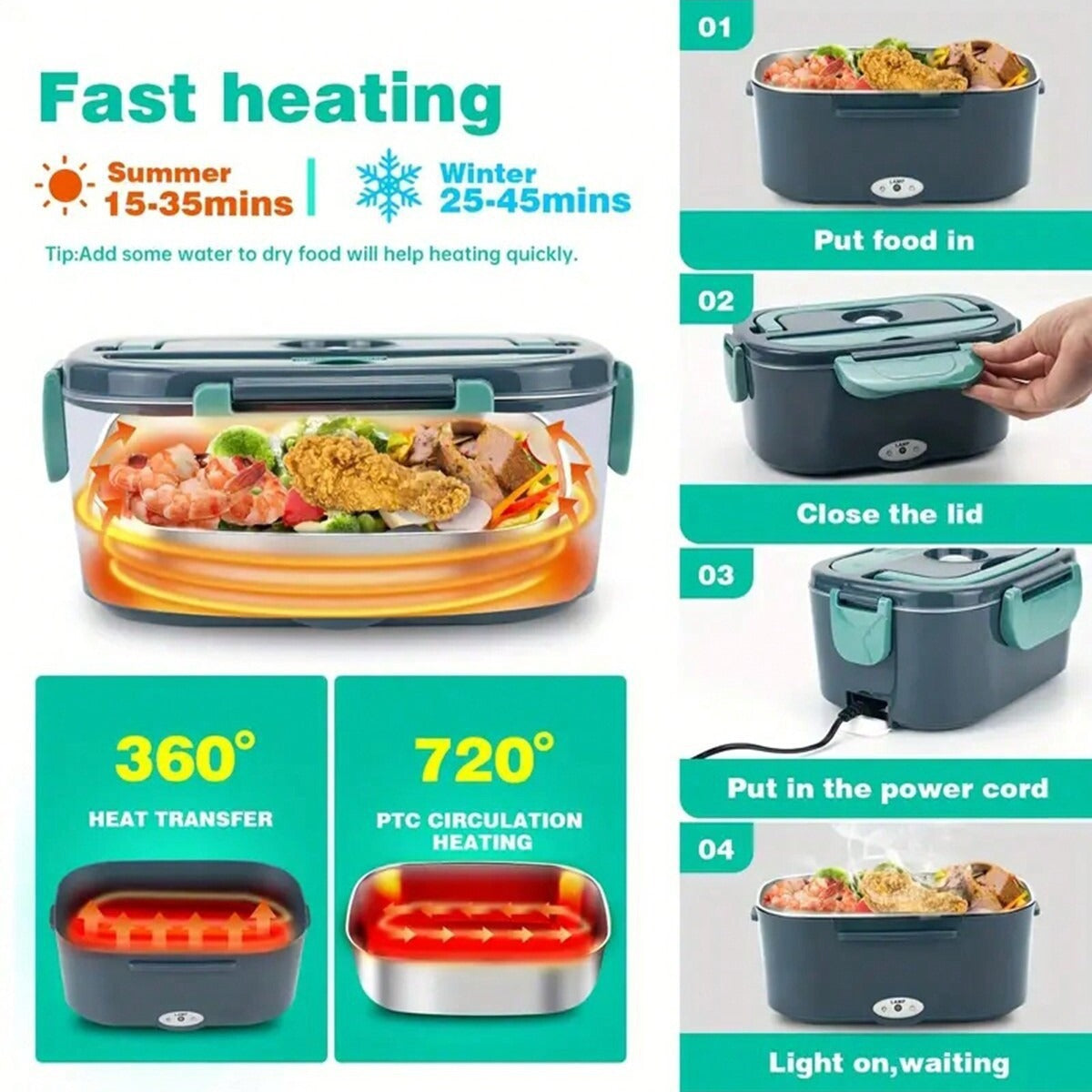 Instructions for using a fast heating food container with images and text.