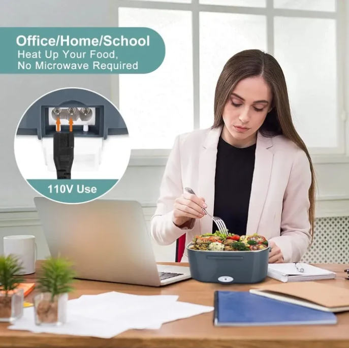Woman eating from a portable food warmer at a desk with text about its use in office, home, or school.